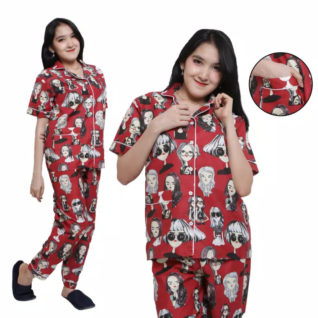 BAJU TIDUR WANITA/PIYAMA WANITA KATUN MOTIF RETRO HITAM PUTIH CP/PP