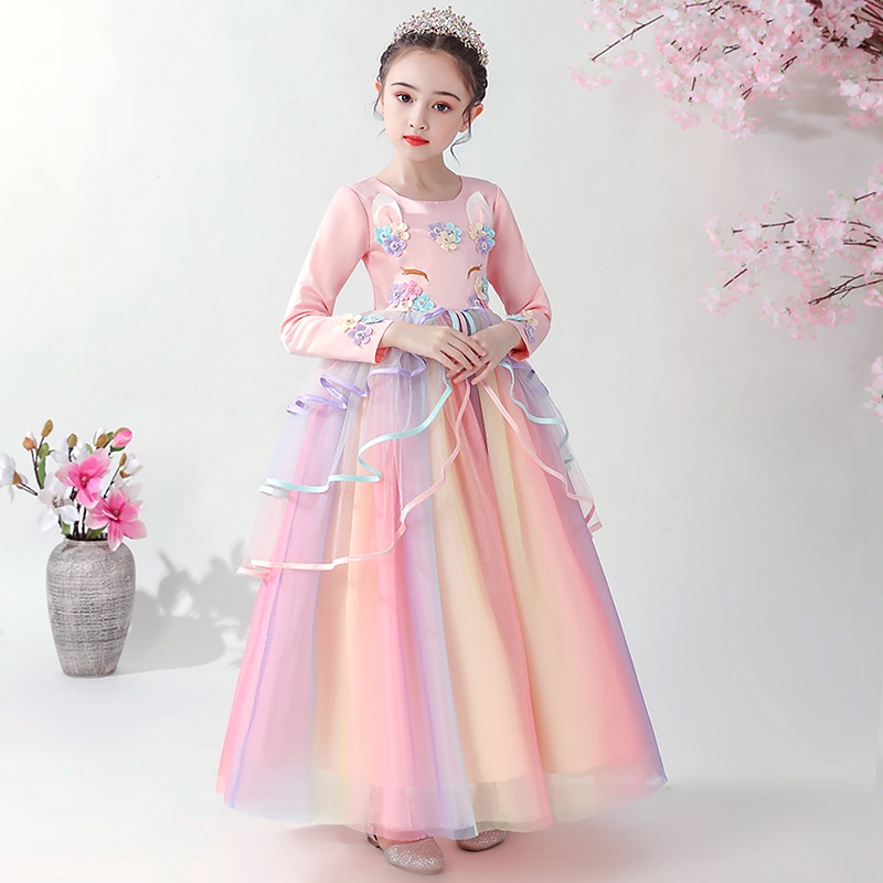 Anak -anak Gadis Unicorn Gaun Renda Busur Ball Bola Gown Putri Pesta Bithday Gaun Lengan Panjang Hadiah