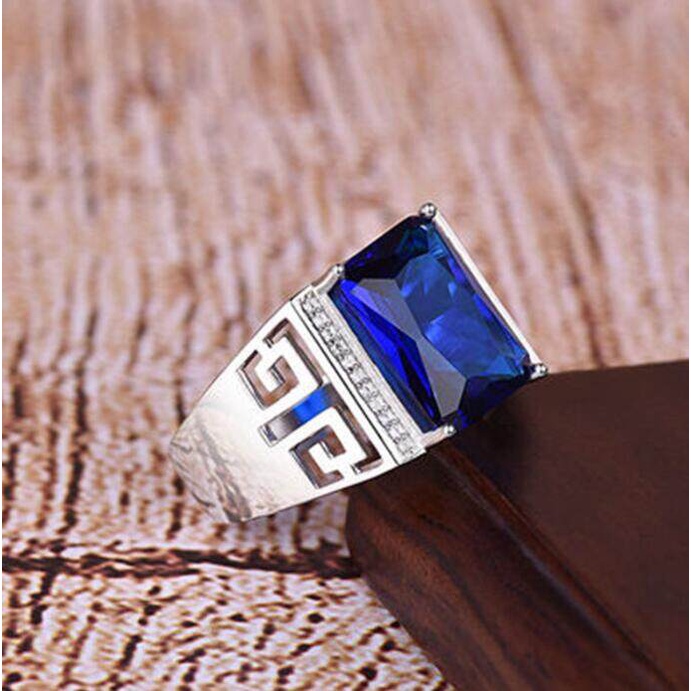 Cincin Zircon Biru Model Hollow Gaya Retro Untuk Pria