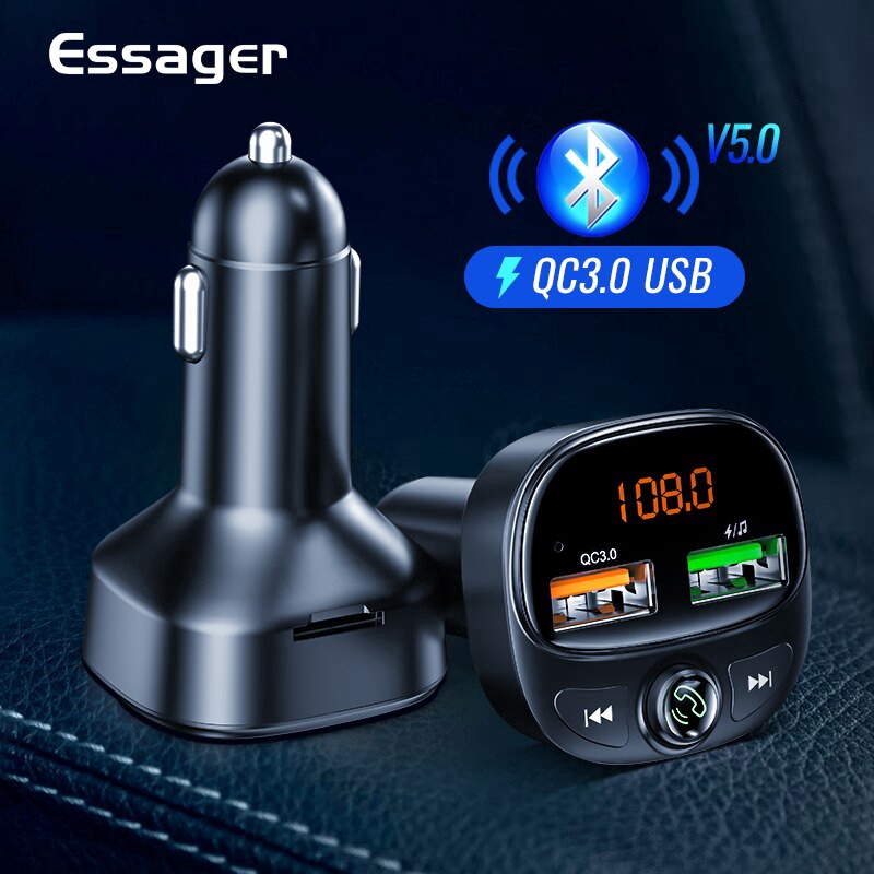 

Essager USB Car Charger Wireless Bluetooth 5.0 Car Handsfree Kit FM Transmitter Fast Charger MP3 for IPhone Xiaomi Mobile Phone