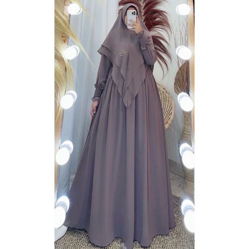 Gamis syari hasanah bahan ceruty baby doll premium full furing / busui / resleting-Coklat tanah