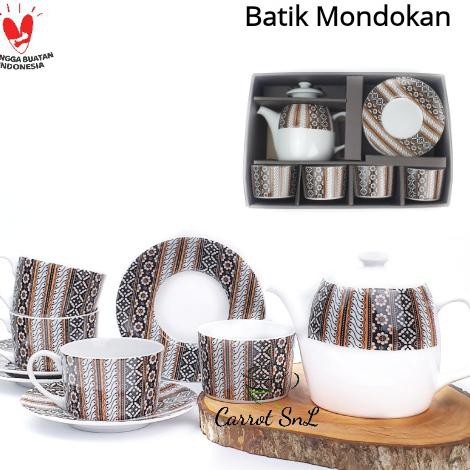 Cangkir Teh Set + Teko Tutup Keramik Motif Batik MONDOKAN KOPIN