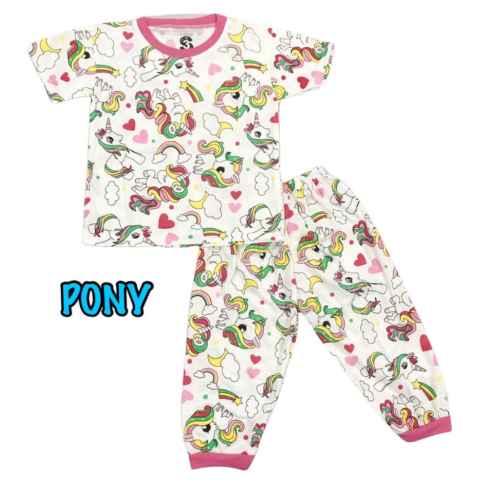 (1 KG MUAT 7 STEL) BAJU TIDUR CP ANAK KIDS PEREMPUAN/CEWEK SETELAN/STELAN KAOS KATUN 1-4 TAHUN PONY/UNICORN