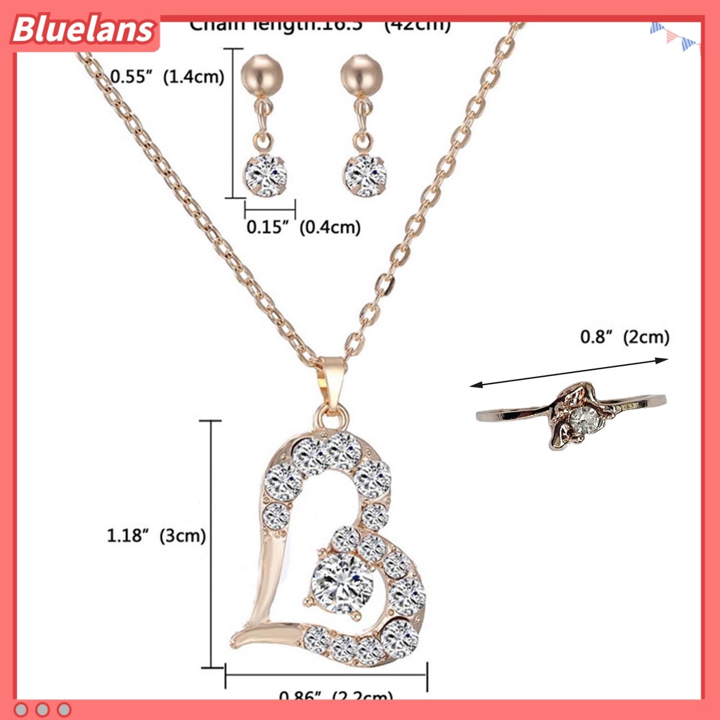 Bluelans Luxury Love Heart Pendant Rhinestone Necklace Ring Earrings Women Jewelry Set