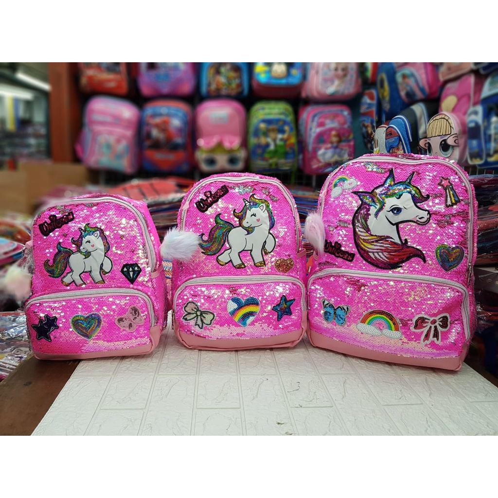 Tas Sekolah Anak SD dan TK Paud Model Sequin Usap Gambar Unicorn LOL Frozen Tas Ransel Anak SD TK PG Perempuan Free Pompom