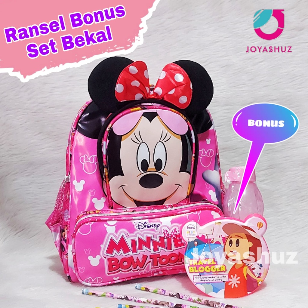 Joyashuz - Tas Sekolah Anak Perempuan Gratis Botol Minum - Ransel Anak minnie - Tas Sekolah Gratis Bando - Tas Minnie bowtoons - Ransel Cantik - Gratis Bando