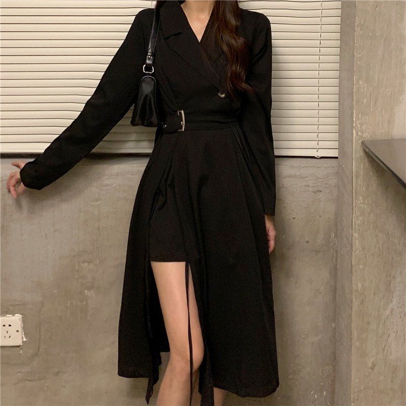 gaun gaya korea jas hitam kerah maxi dress dewi***&