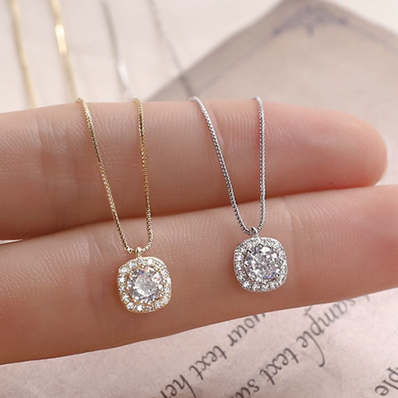 Kalung Rantai Sterling Silver Dengan Liontin Berlian Bentuk Kotak Untuk Wanita