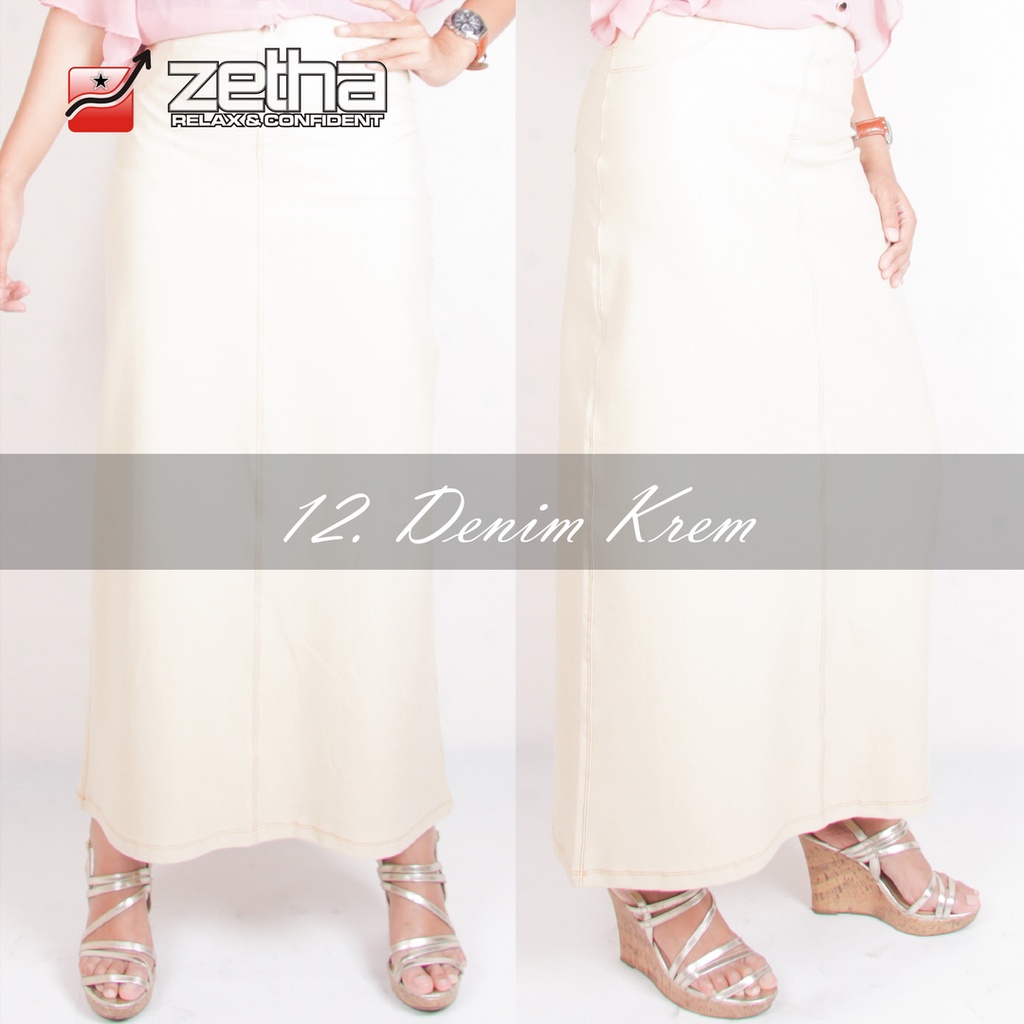 [BISA COD] ROK ZETHA DENIM KREM / ROK MODEL A-LINE / ROK ZETHA PANJANG / ROK JEANS / DENIM SPANDEK