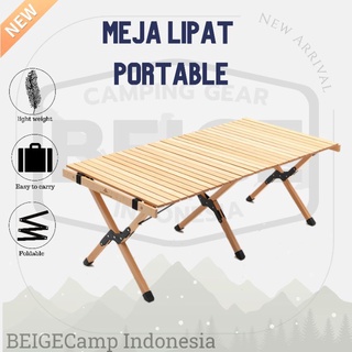 Beige meja lipat camping kayu outdoor portable