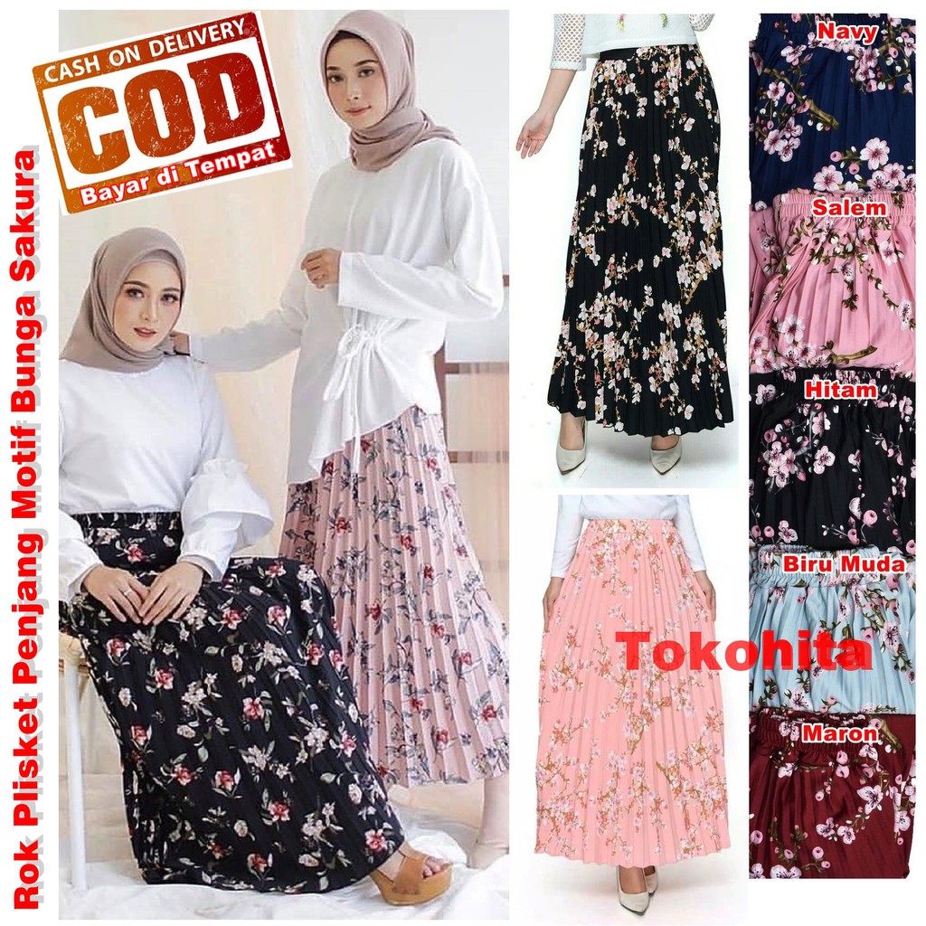 Rok Plisket Panjang Dewasa Motif Bunga Sakura Model A Rok Plisket Panjang Dewasa Motif Bunga Sakura Model A
