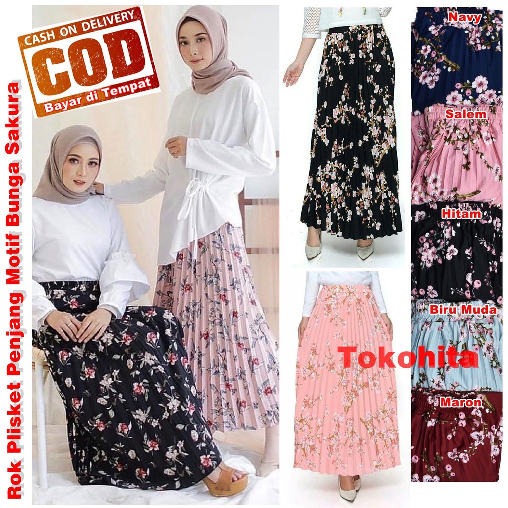  Rok  Plisket Panjang Dewasa  Motif Bunga Sakura Model  A 