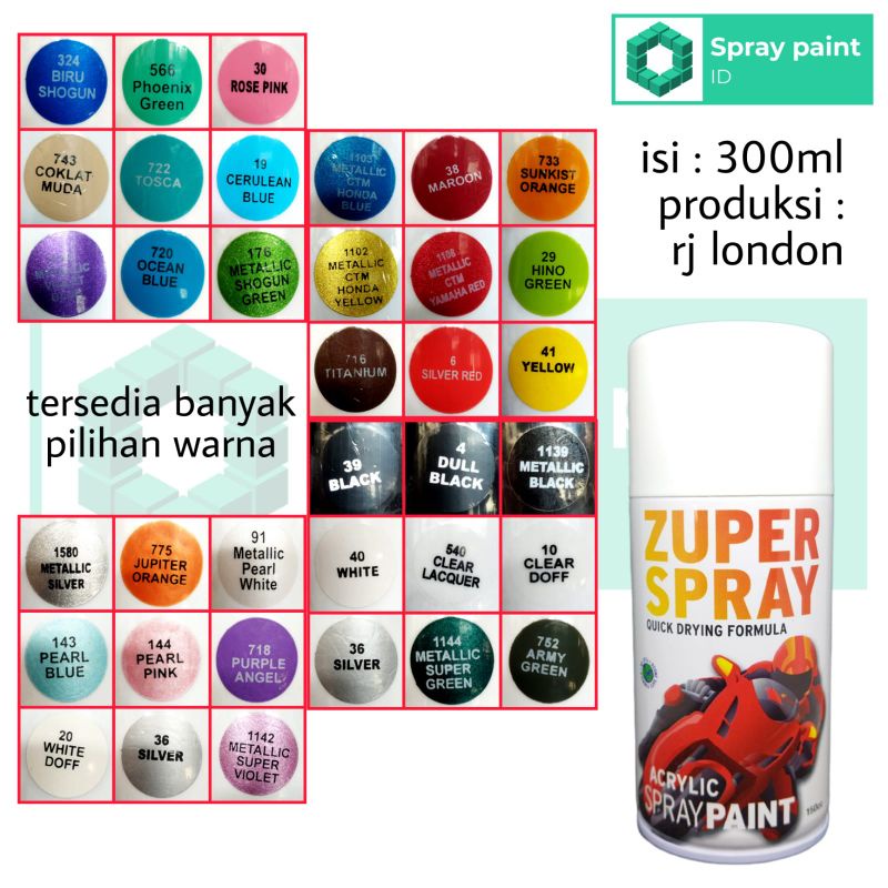 CAT SEMPROT 300ml ZUPER SPRAY semua warna hitam putih clear hijau coklat brown tosca kuning orange b