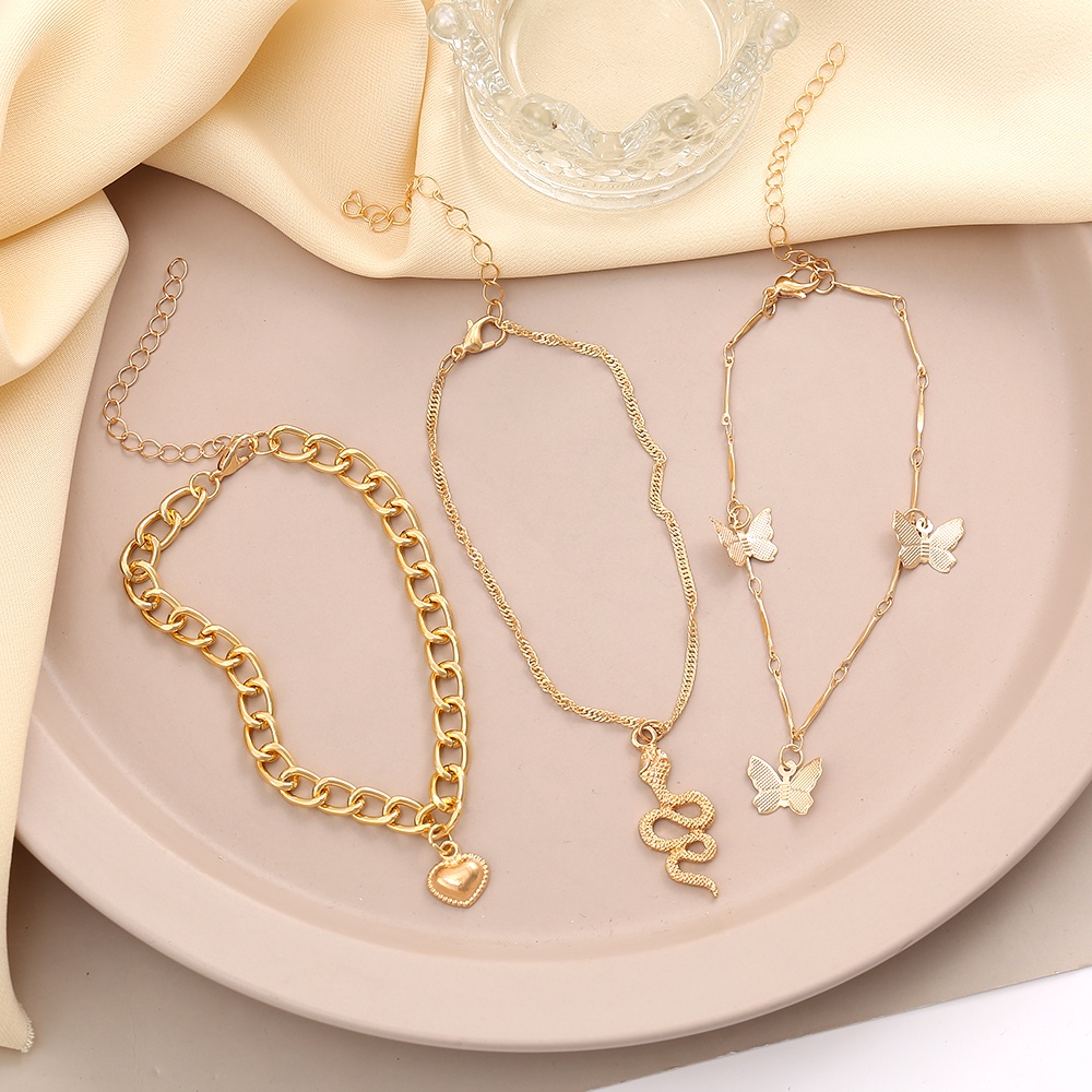 3pcs / Set Gelang Kaki Rantai Emas Model Butterfly Heart Drop Untuk Wanita