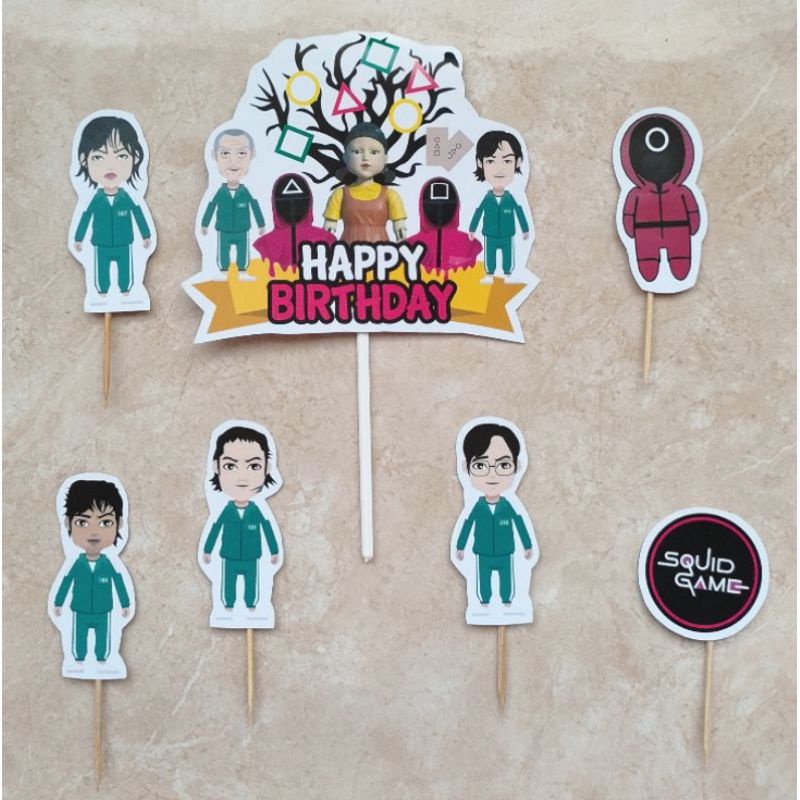 topper toper hiasan tusukan kue cake nasi tumpeng ulang tahun happy birthday karakter squid game