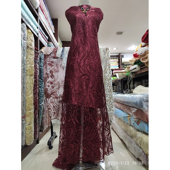 Kain Tille Brokat Akar  Maroon