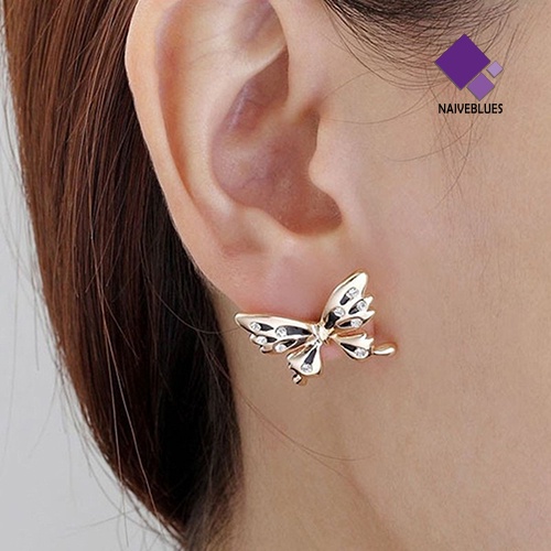 Naiveblue Anting Tusuk Asimetris Bentuk Kupu-Kupu Aksen Berlian Imitasi Untuk Perhiasan Wanita / Pesta