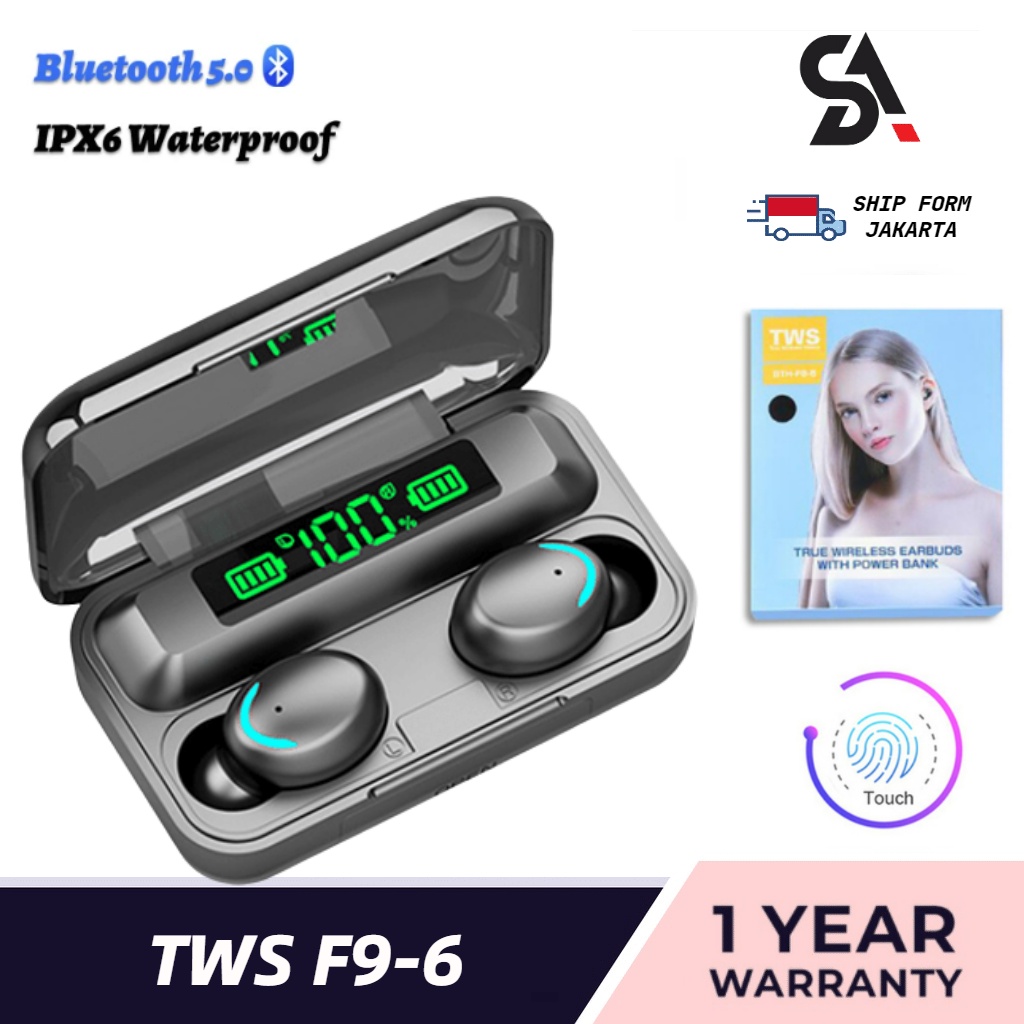 F9-6 (COD) Headset Bluetooth 2200mah Power Bank TWS with Mic 9D Bass Stereo Handset Water Proof Earb
