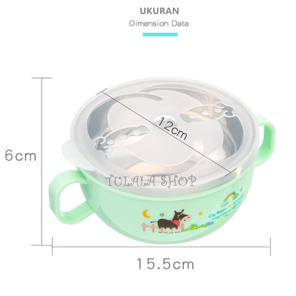 [TULALA SHOP]Kids Feeding Bowl Stainless Steel Spoon Mangkuk Bubur Makan Sup Sendok Karakter Bayi Anak/Set Mangkuk Sup Bahan Stainless Steel Anti Jatuh Dan Anti Panas Dengan Tutup Telinga Ganda Untuk Anak