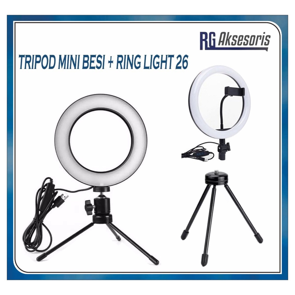 paket tripod besi mini   lampu makeup 26cm ring light selfie 3 mode