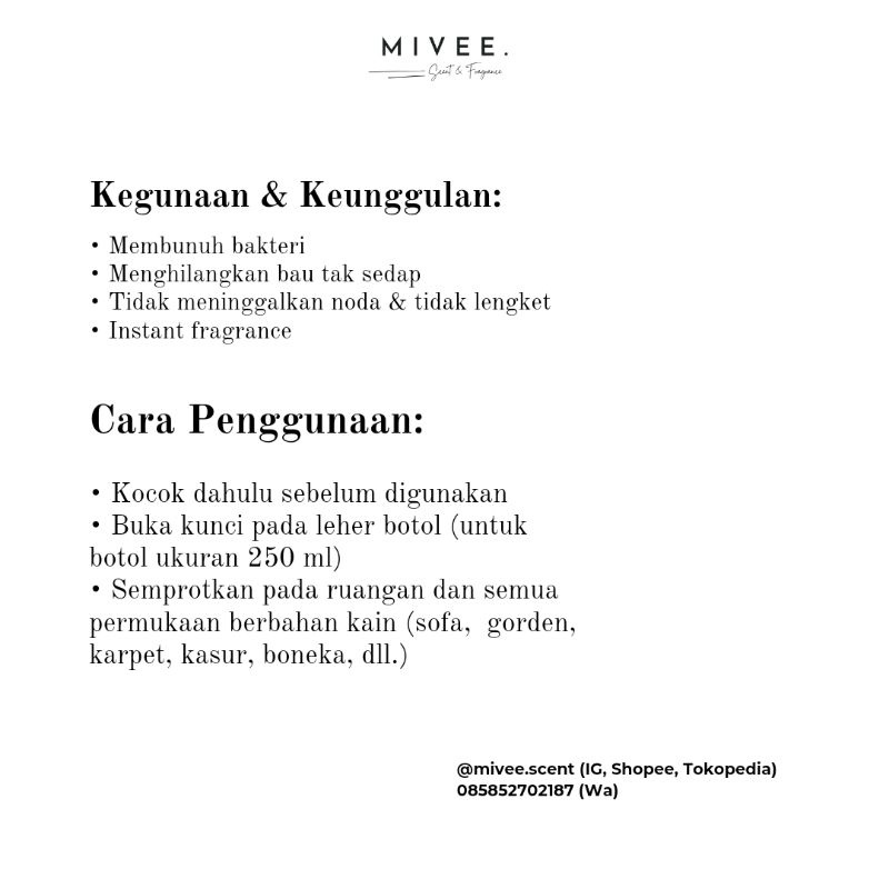 Mivee Room &amp; Linen Spray antibacterial anti virus pewangi pengharum bau apek hilang sofa bed room gorden 250 ml 100 ml