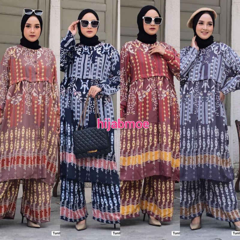 Hijab Sister Salwa One Set Setelan Wanita Prada Crepe Motif Etnik LD 120 Busui Friendly Ori Berlabel