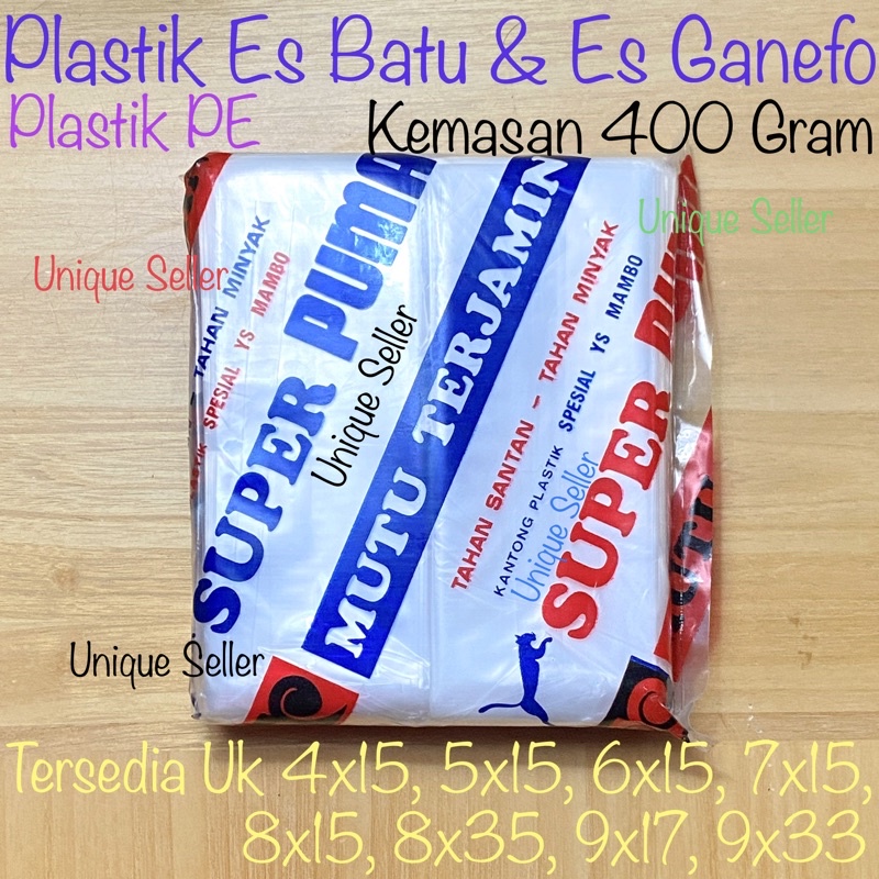 Plastik Es Batu &amp; Es Ganefo Super Puma (400 Gram/4 Pak) Uk 4x15 5x15 6x15 7x15 8x15 8x35 9x17 9x35 / Plastik PE PUMA / Plastik Es Puma / Plastik Es Ganefo Puma / Plastik Es Batu Puma / Plastik Es Mambo Puma / Plastik es Lilin / Plastik Es Pensil