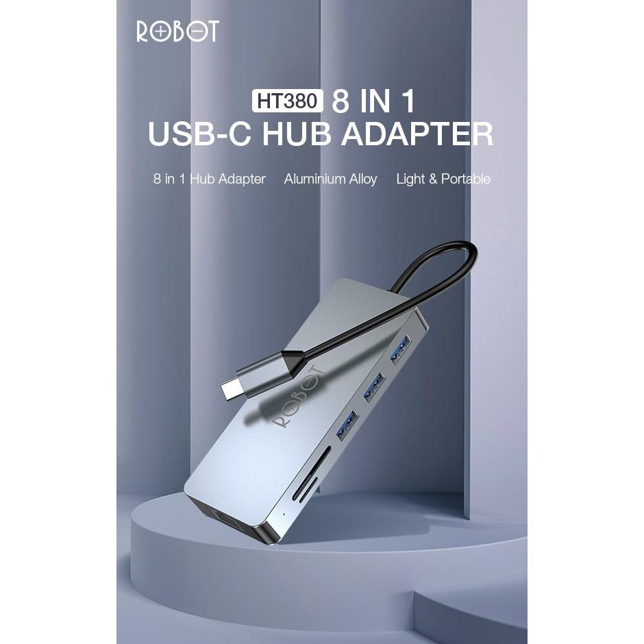 ROBOT HT380 Multiport 8 in1 USB Type C HUB Adapter Lightweight &amp; Portable Space Grey Garansi 1 Thn