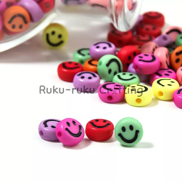 (35 Pcs) Pcs Manik Smile Bulat Mote Smile Emoji Bahan Kerajinan Dan Meronce