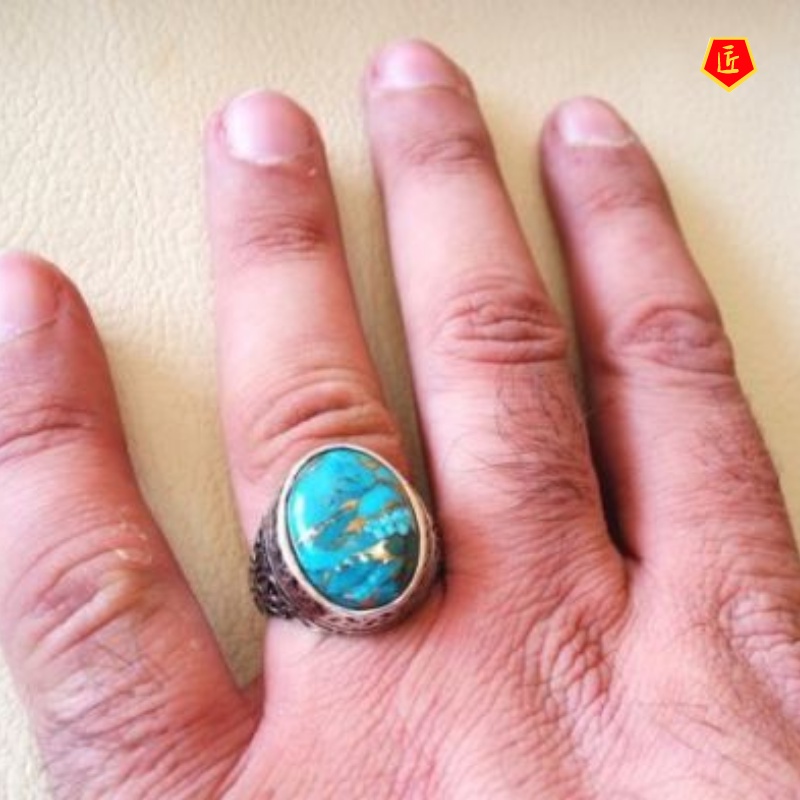 [Ready Stock]Inlaid Turquoise Retro Silver Ring Elegant Graceful