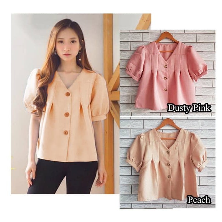 TRENDY  Pakaian atasan ibu wanita blouse set ZORA PLEATS TOP BAJU ATASAN MURAH WANITA - Merah Muda