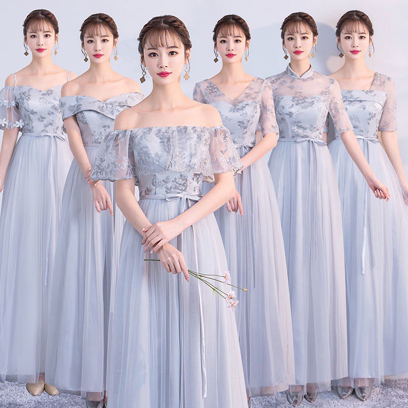 [ready]Gaun pengiring pengantin baru versi Korea dari bagian panjang bordir abu-abu murni satu bahu 