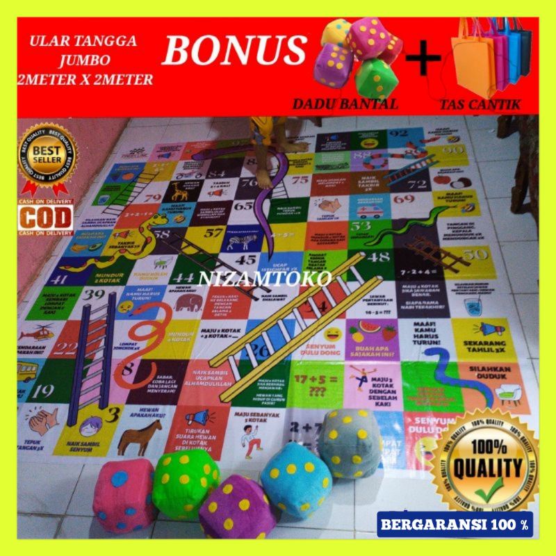 ULAR TANGGA JUMBO MAINAN EDUKASI ANAK FREE DADU / ULAR TANGGA 2X2M / FULL COLOUR