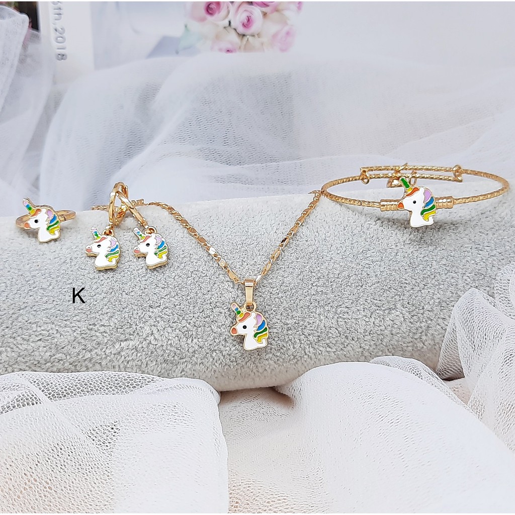 Set Xuping Anak Kalung Koye Gelang Anting Cincin Unicorn Ungu Pink  - BS027