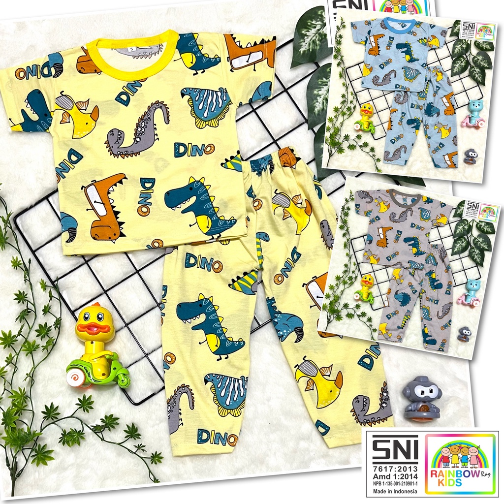 RAINBOW SETELAN / SET BAJU ANAK COWOK / CEWEK UNISEX CELANA PANJANG CP 1-8 TAHUN FULLPRINT DINO