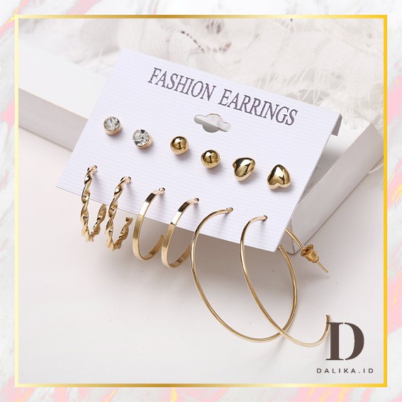 Anting Hoop 6 Pasang / Set Anting Tusuk Korea Mutiara Bulat Hati untuk Wanita Cantik Dalika