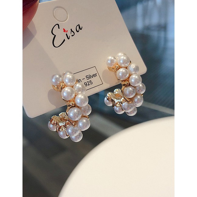 LRC Anting Tusuk Fashion Gold 925 Silver Needle Pearl C-shaped Earrings D15271