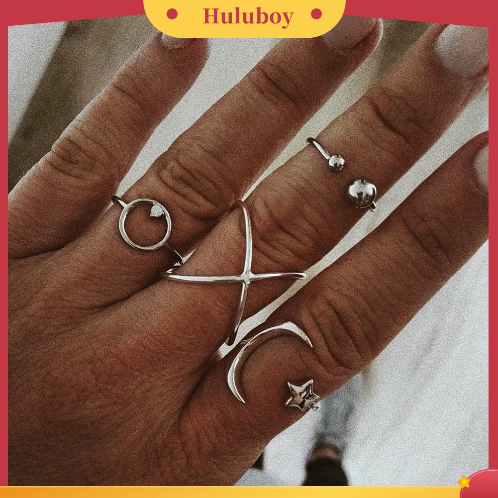 Hu Hu Hu Hu Hu Alat Bantu Pasang Kacamata♡ 4pcs / Set Cincin Buku Jari Aneka Bentuk Warna Silver Untuk Wanita