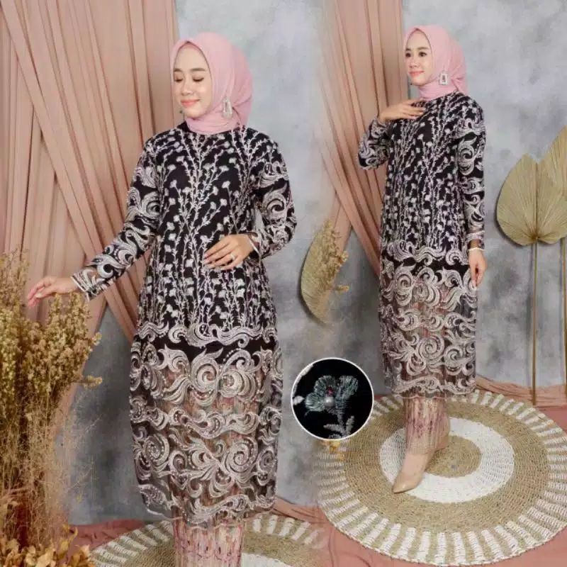 SETELAN KEBAYA TILLE BORDIR HITAM/KEBAYA TUNIK TULLE IMPORT/KEBAYA KEKINIAN