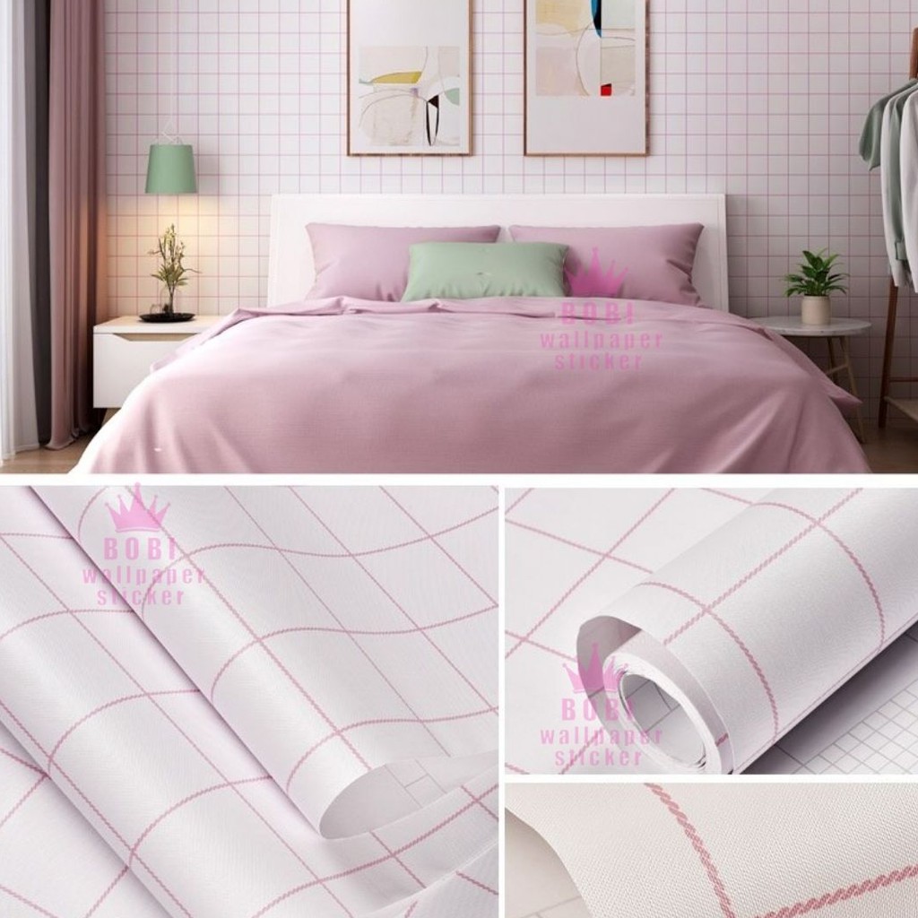 Wallpaper Sticker Motif Kotak putih garis pink 6083-1 / Wallpaper New 2020 / Ukuran 9mx45cm