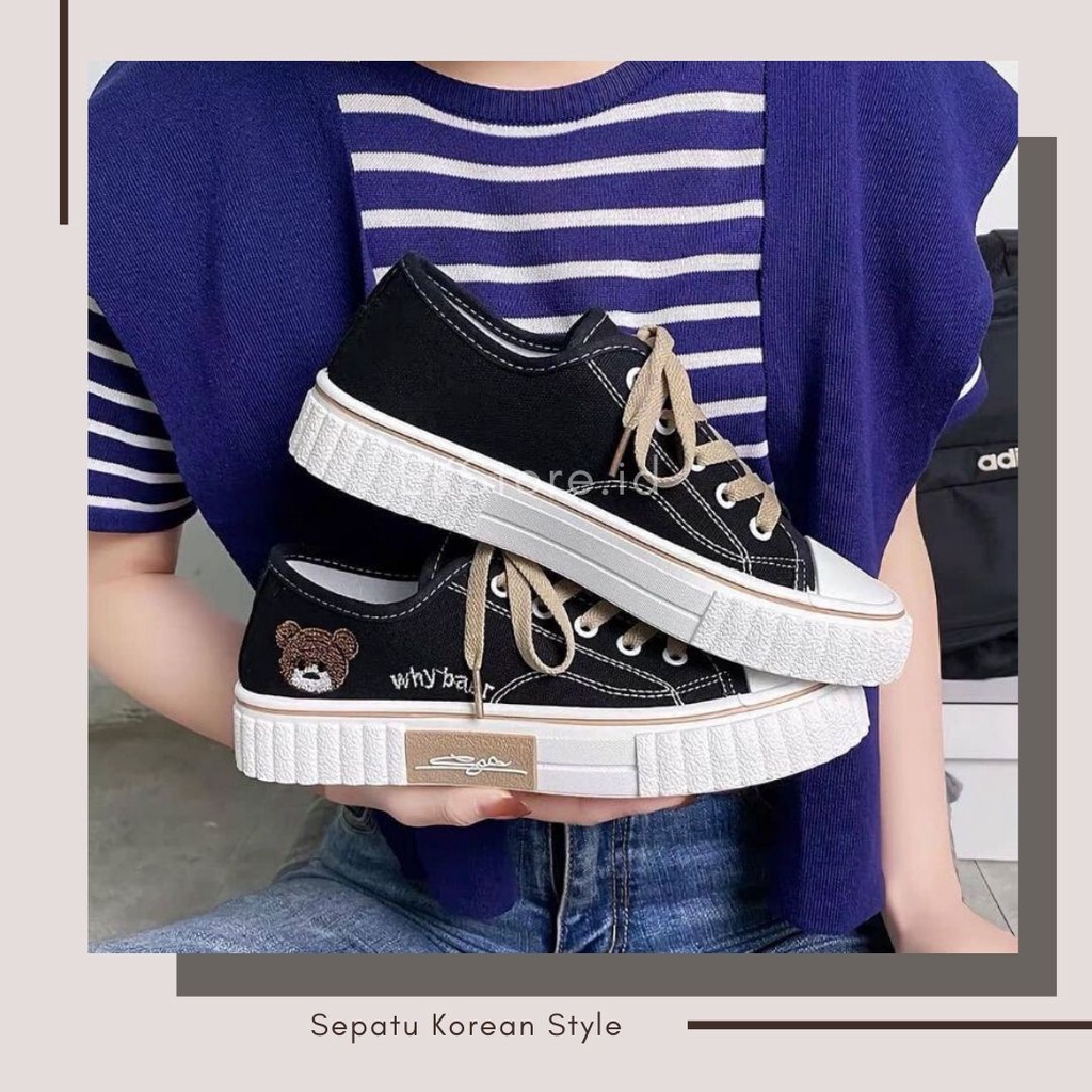 (Size 39-40) Sepatu Sneakers Kanvas Wanita Import Korea Why Bear Black White/ Sepatu Kets Korean Free Box