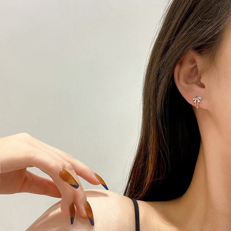 Anting Stud Silver Needle S925 Bentuk Pita Bahan Zirkon Gaya Simple
