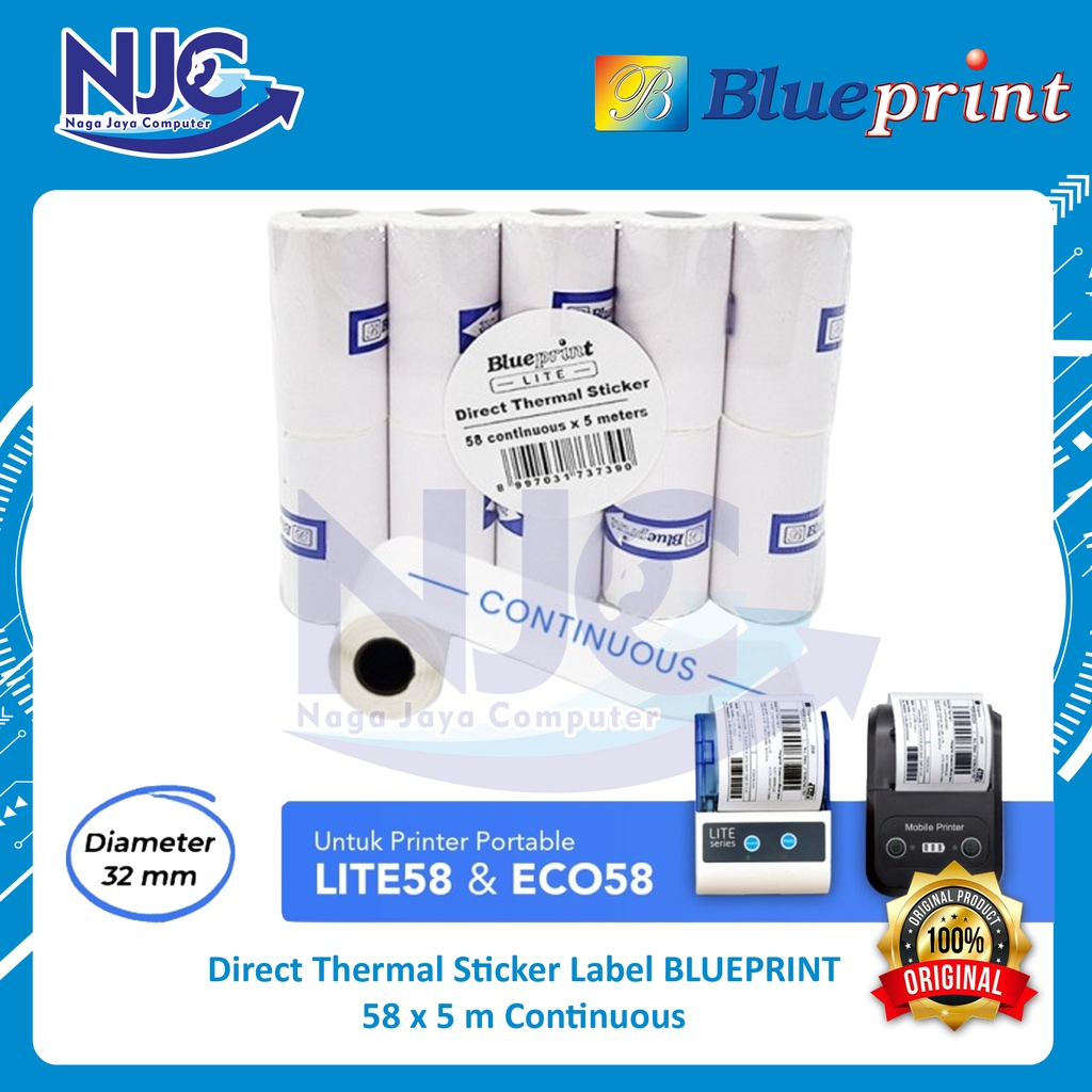 

DIRECT THERMAL STICKER LABEL BLUEPRINT 58x5 METER CONTINUOUS - 10 Roll