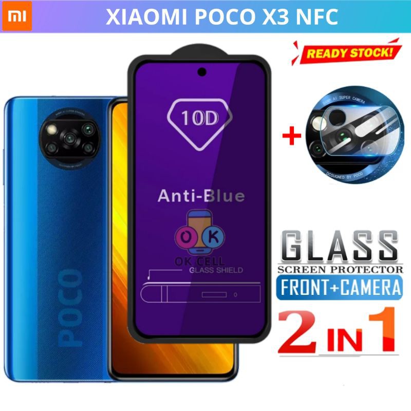 2IN1 Tempered Glass Tg Anti  Gores Blue Light Full Layar Kamera Xiaomi Poco X3 NFC Screen Protector