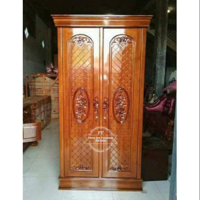 Almari/ Lemari Pakaian Jati 2 Pintu Ukir Khas Jepara - Promo
