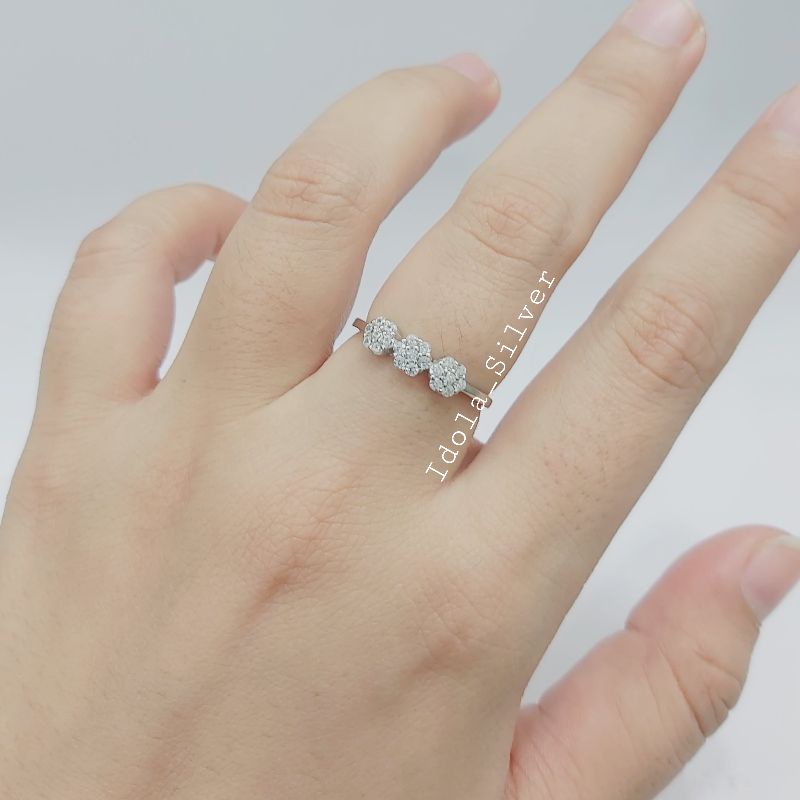 CINCIN PERAK ASLI SILVER WANITA 925 LAPIS EMAS PUTIH MODEL BUNGA 3 SUSUN PERMATA FULL - PERHIASAN PERAK WANITA ASLI