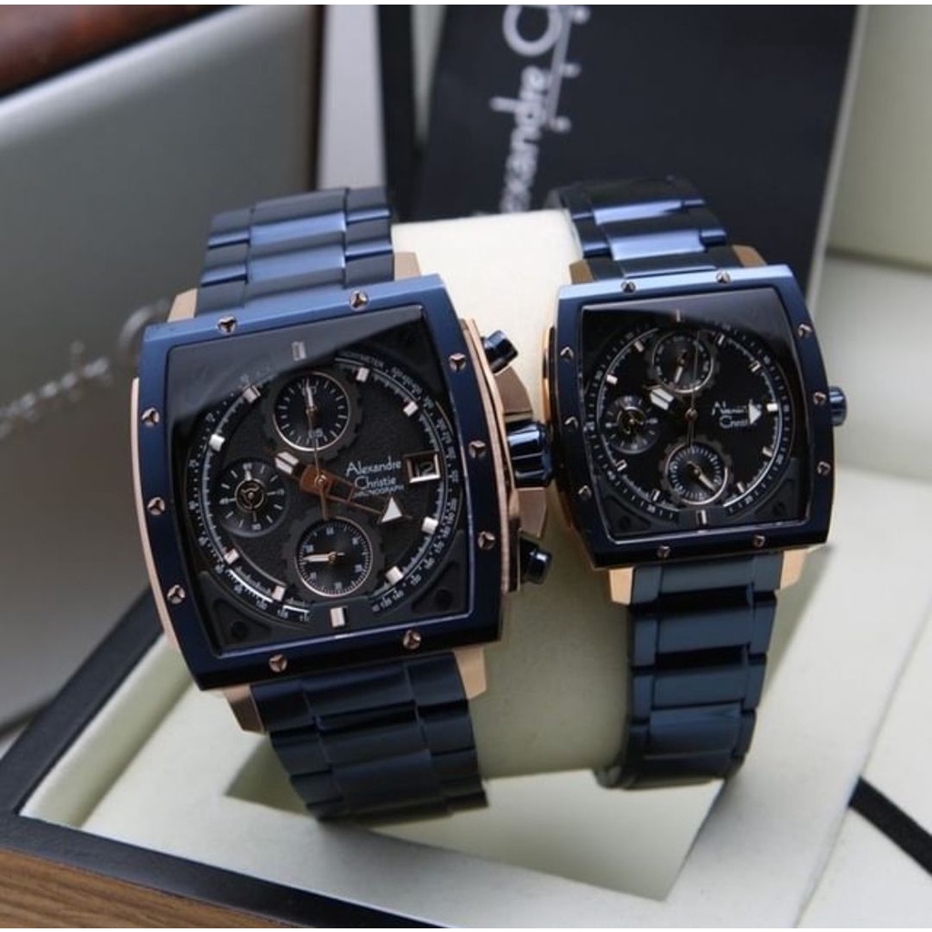 Jam tangan Couple Alexandre Christie AC 6376 / AC6376 Blue RoseGold Original Garansi Resmi