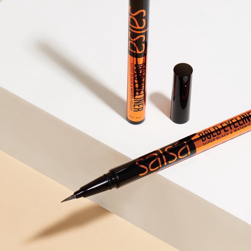 SALSA Bold Eyeliner Indonesia / Super Black Waterproof Pen Eye Liner 3ml / Long Lasting Hitam Tebal Anti Air Water Proof Make Up Hias Mata / Cosmetic Makeup Eyebrow Mascara Pensil Alis / Beauty Tools Curler Brush Palette Glue Blender Kuas Paket Face Wajah