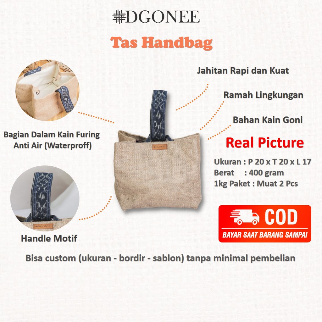 Dgonee Tas Handbag Hand Bag Kain Goni Belanja Kerja Kuliah Wanita Murah Polos Kecil Custom