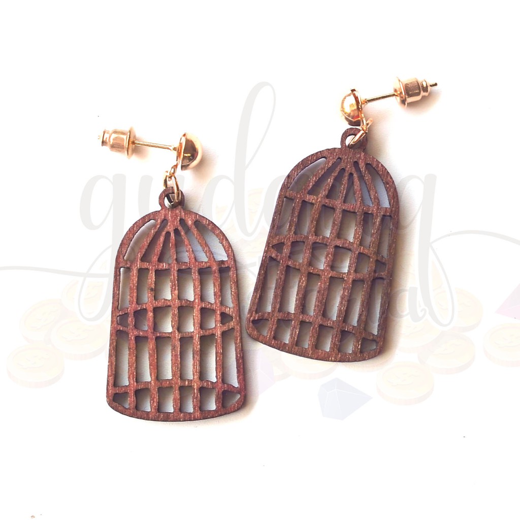 Anting Stud Sangkar Burung Kayu Wood Birdcage GH 203416